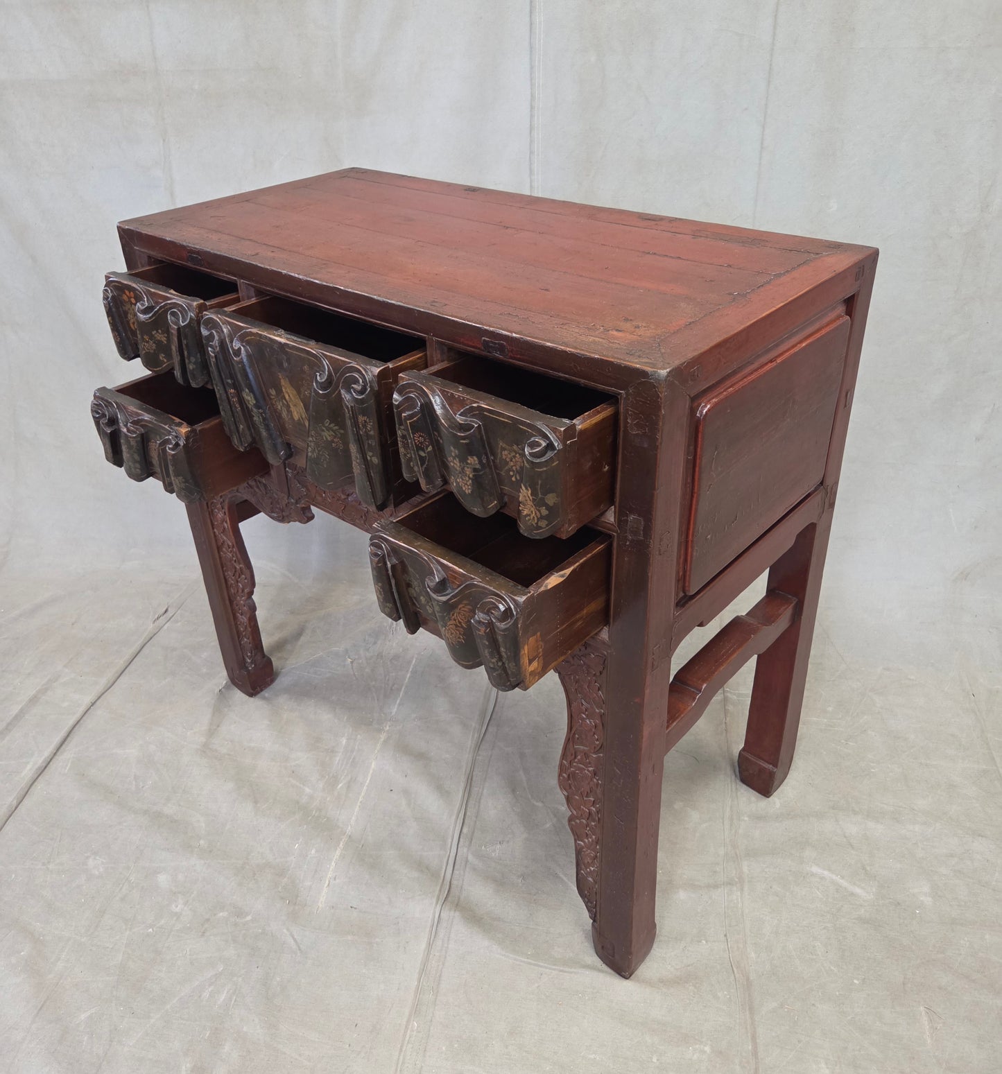 Antique Chinese Qing Dynasty Lacquer Side Table with Birds and Flowers