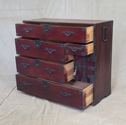 Antique Early 1900s Meiji Period Japanese Pine/Elm Tansu Chest With Iron Hardware