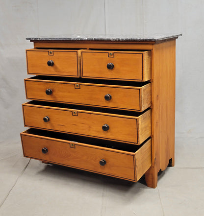 Antique English Pine Dresser With Painted French Line Motif and Marble Top
