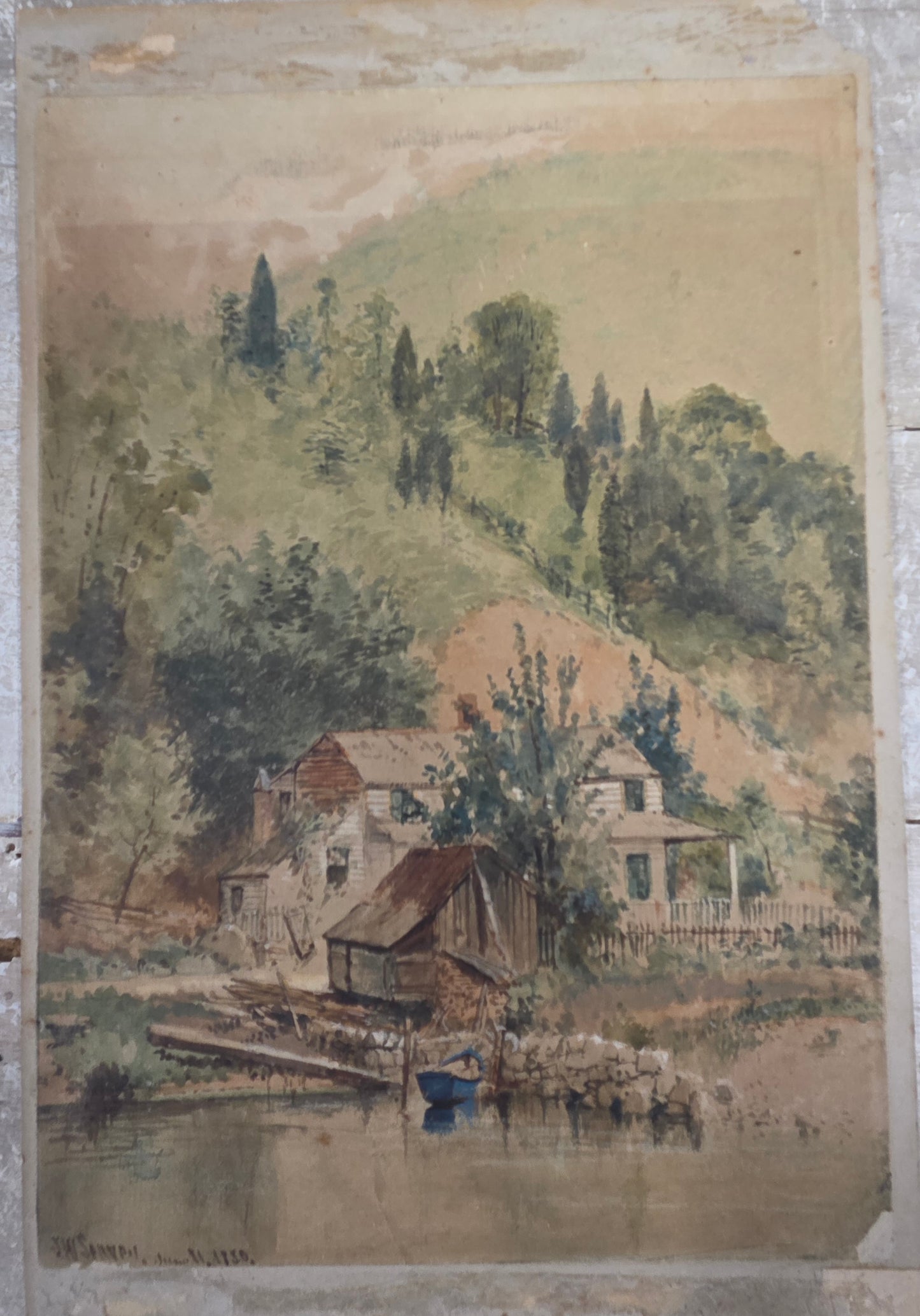 Landscape Scene with House and Mill, Watercolor, J.W. Spaveil June 11 1886
