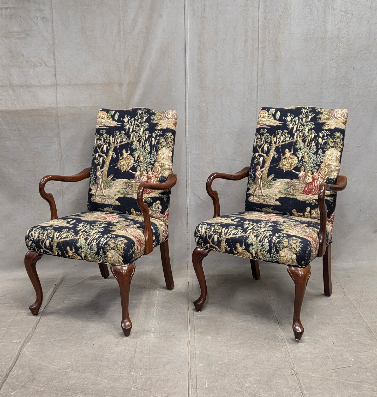 Pair of Vintage Queen Anne Chairs and Ottoman with Black Toile Upholstery
