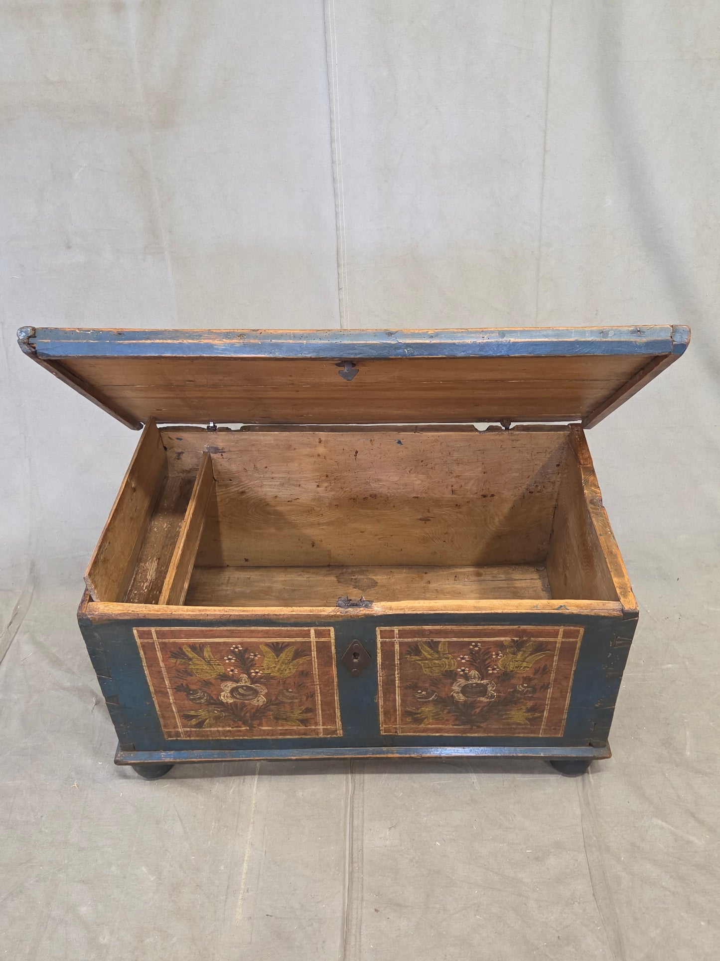 Antique 19th Century German or Austrian Original Blue Painted Pine Blanket Chest