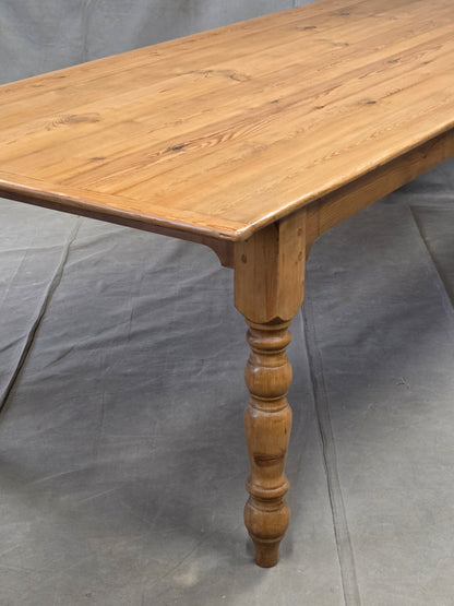 Vintage English Pine Rustic Turned Leg 8' Long Dining Farmhouse Table