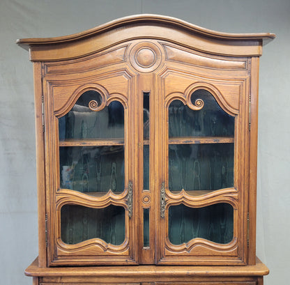 Antique French Provincial 18th c. Pine Deux Corps Pine Buffet with Glass Doors