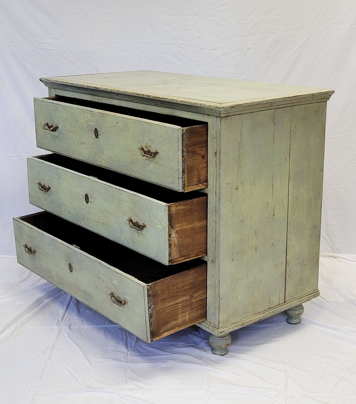 Antique European Rustic Pine Seafoam Painted Dresser Chest of Drawers