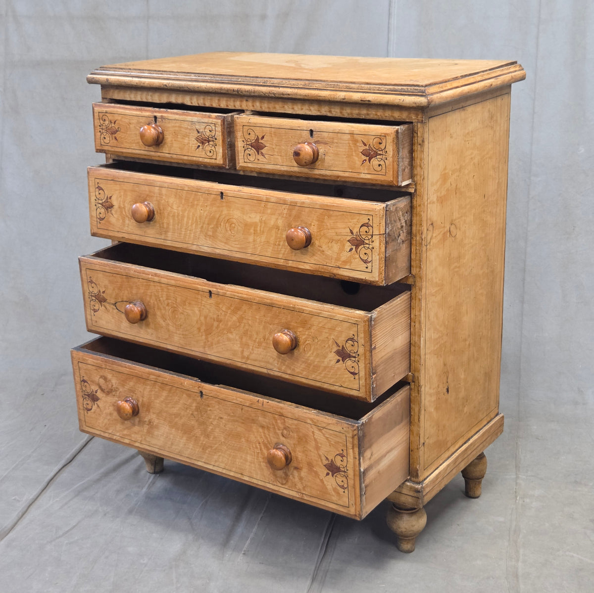 Antique Late 19th Century English Pine Faux Bois Maple Chest of Drawers