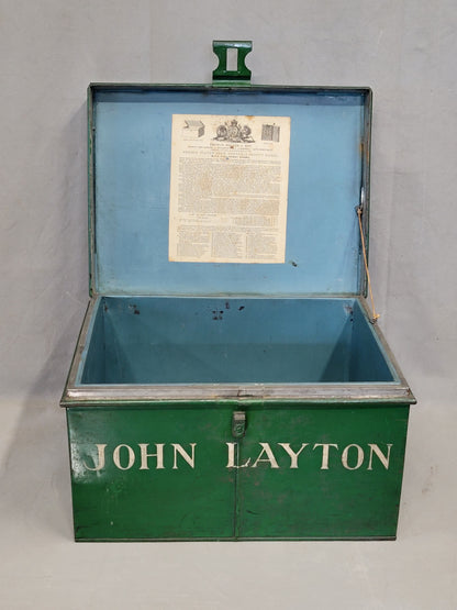 Antique English Iron Milner's Strong Box Painted Green With John Layton Inscription (RL)