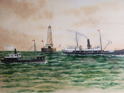 Antique Circa 1900 Gouache Maritime Painting of Steam Ship Fleet, by "Tully"