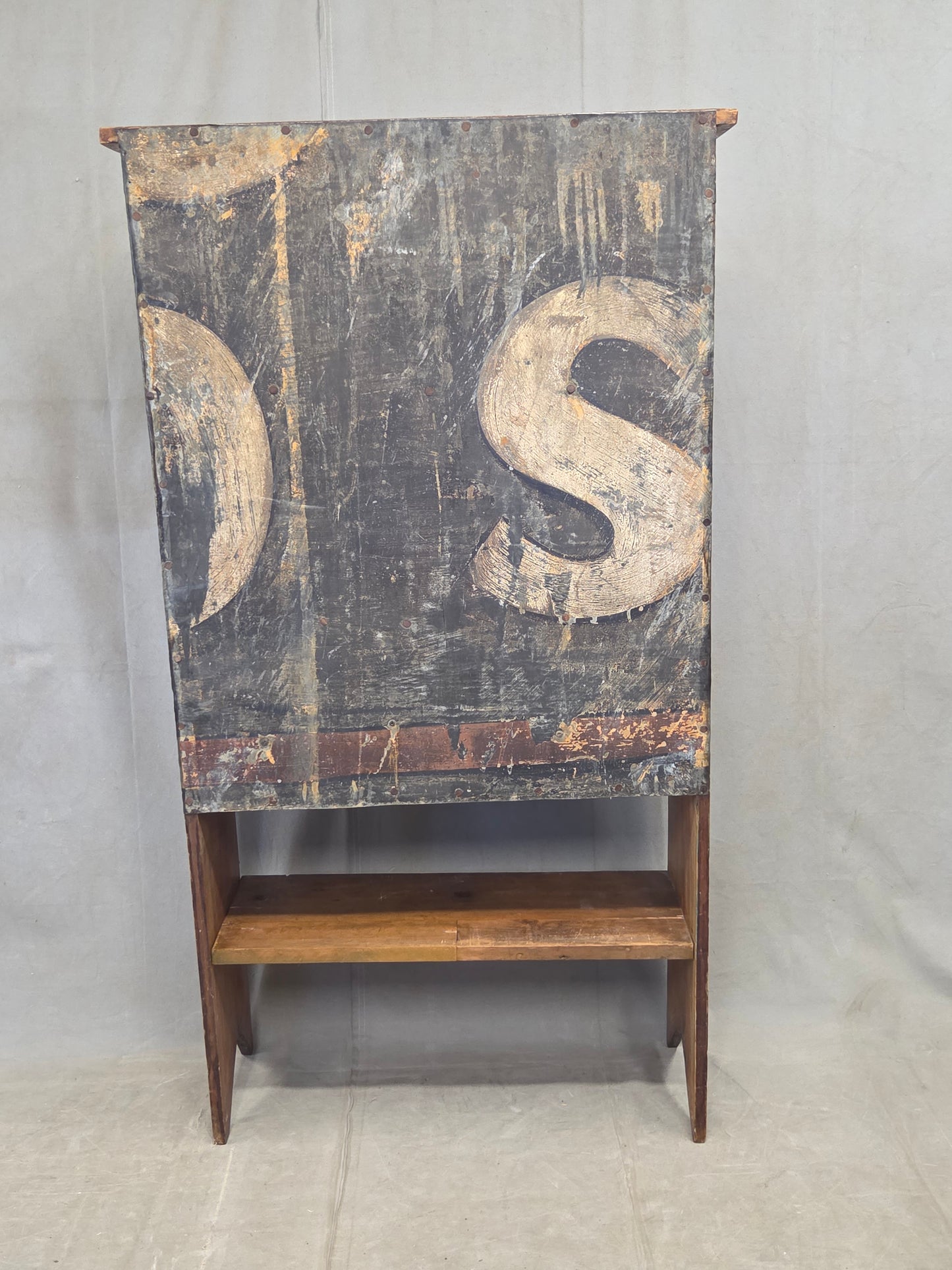 Vintage Rustic Primitive Handmade Pine Bookcase with Metal Backing