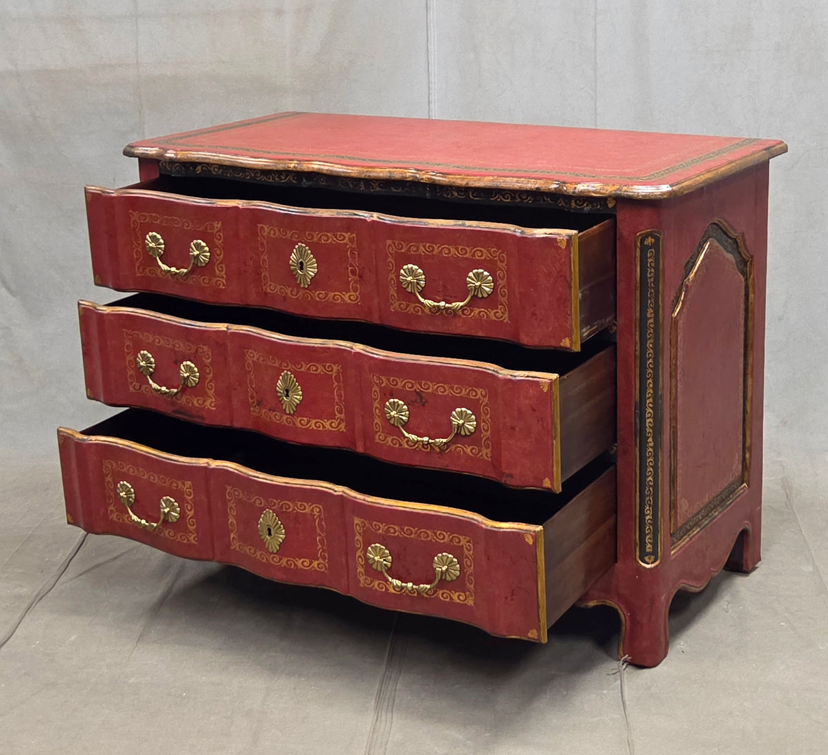 Vintage Theodore Alexander Red Leather Wrapped Serpentine Chest of Drawers