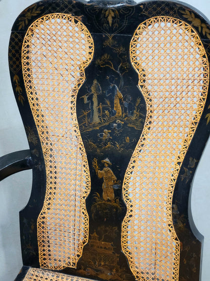Antique 19th Century English Chinoiserie Lacquer and Cane Chair Back Settee