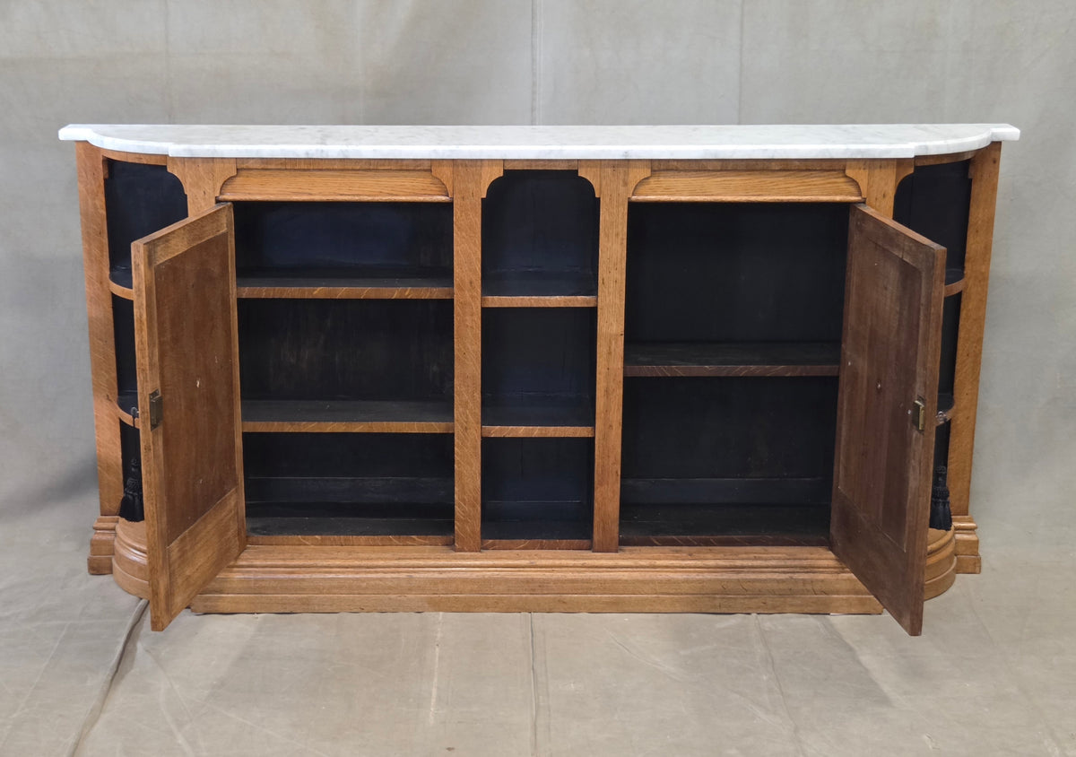 Antique Early 1900s Oak Console Cabinet With Doors, Shelves and a Marble Top