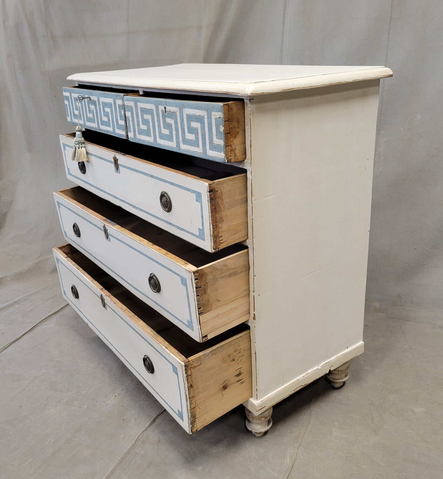 Antique English Pine Painted Dresser Chest of Drawers with Greek Key Motif