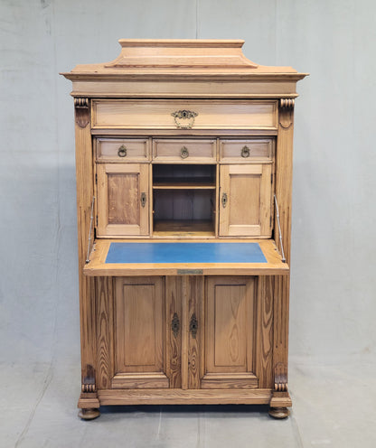 Antique Danish Biedermeier Pine Secretary Desk With Blue Leather