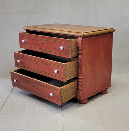 Antique European Pine Dresser With Red Distressed Paint and French Line Motif