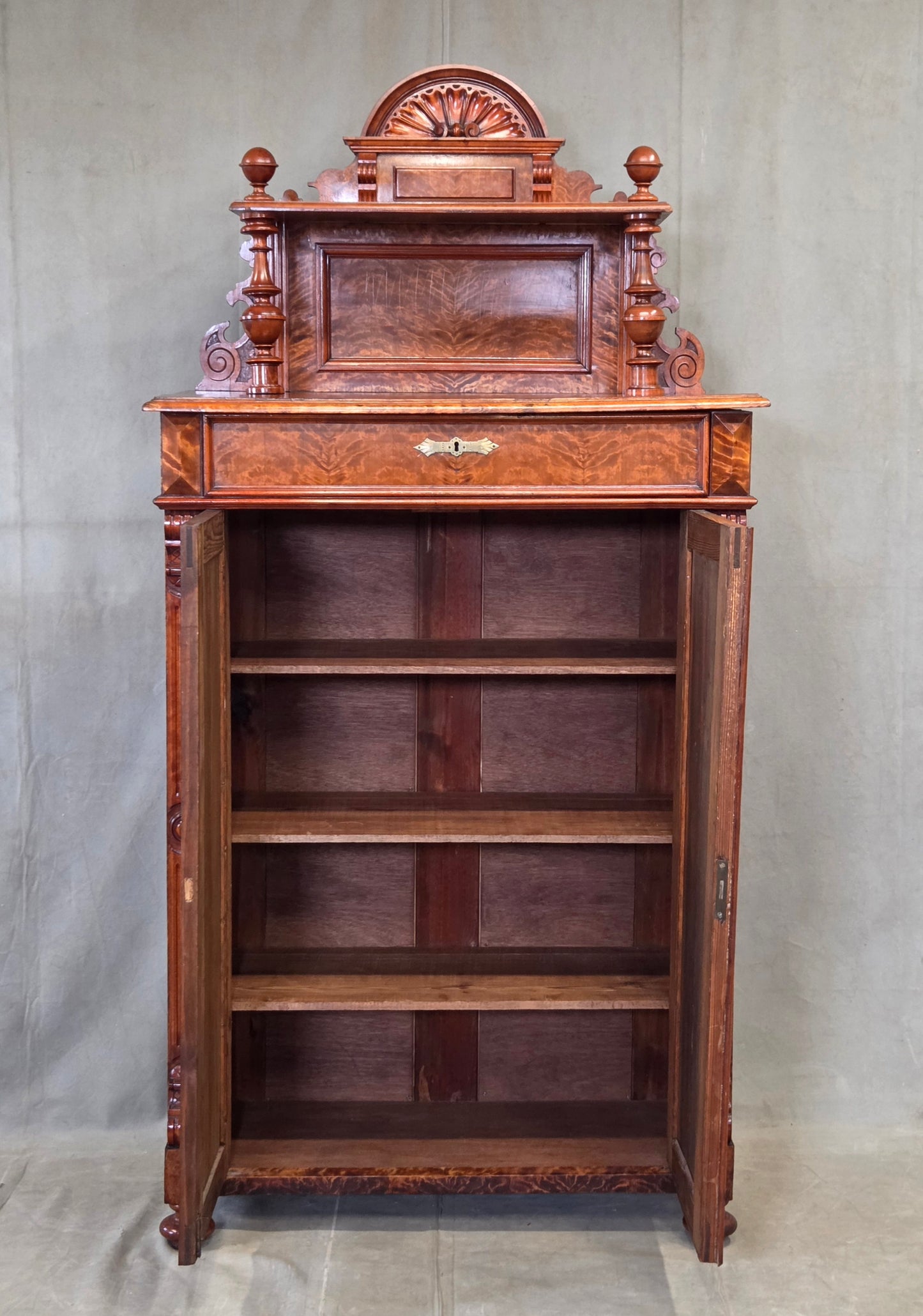 Antique 19th Century German Wilhelmenian Flame Birch Vertical Buffet Sideboard