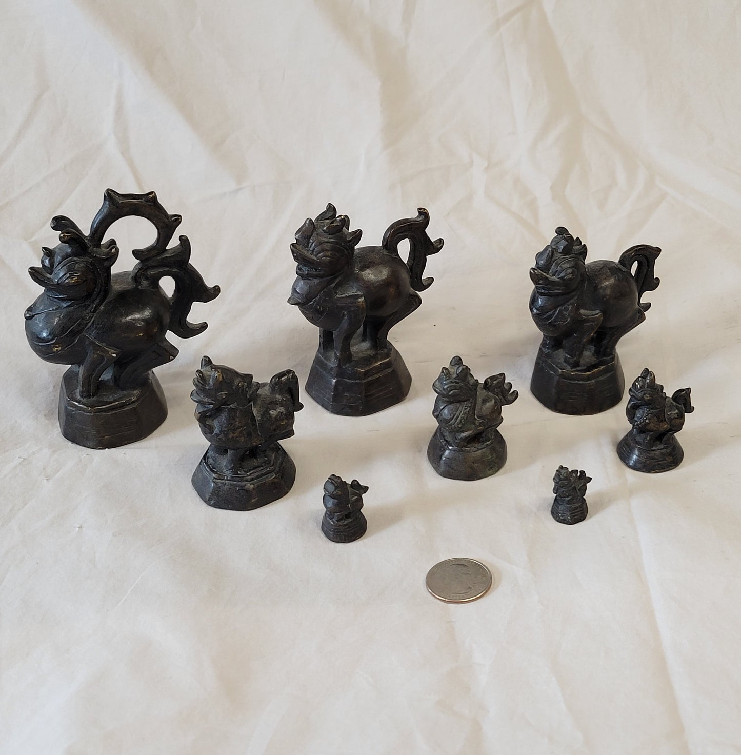 Set of 8 Antique Burmese Dragon Bronze Opium Weights