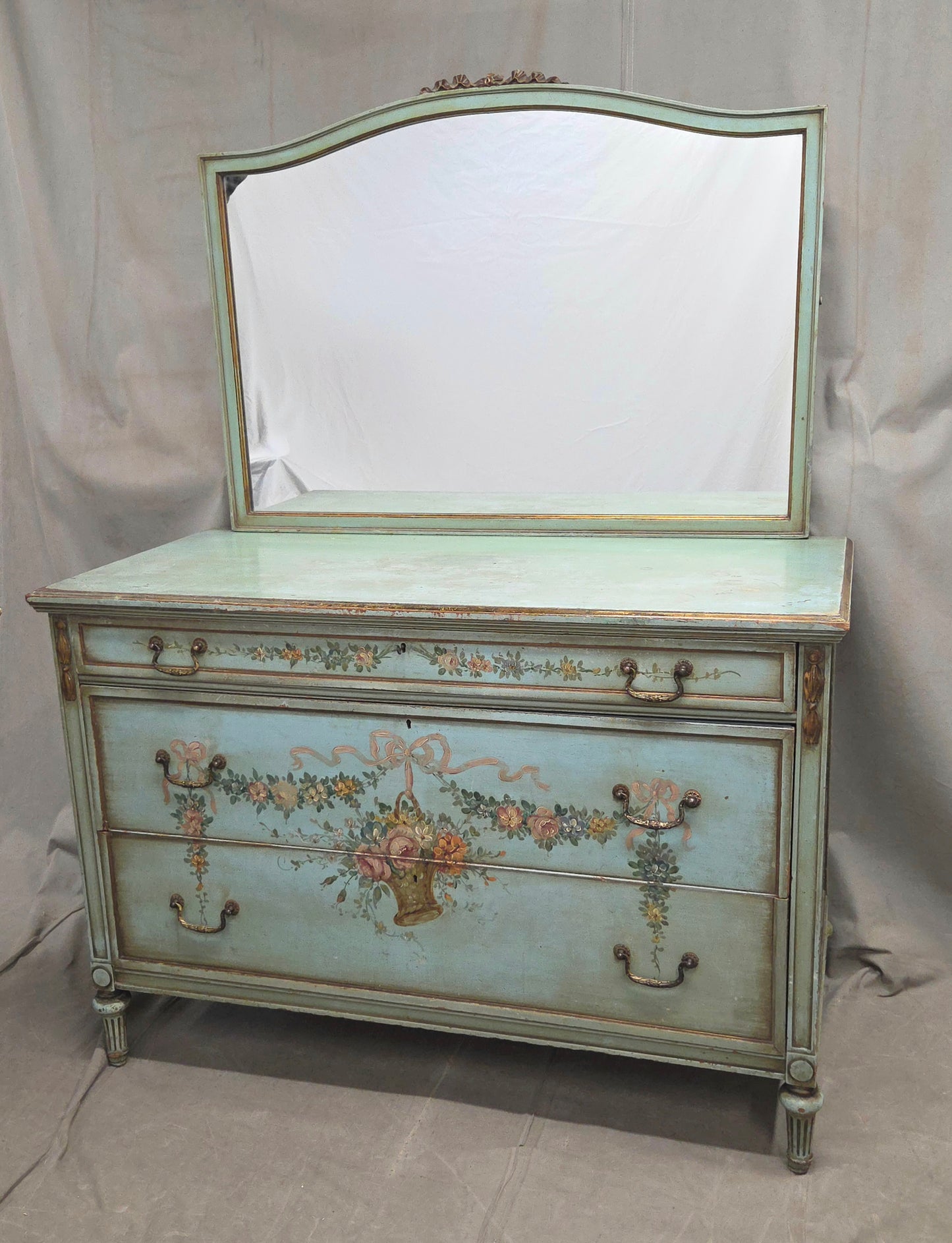 Antique French Floral Painted Mahogany Dresser with Matching Mirror