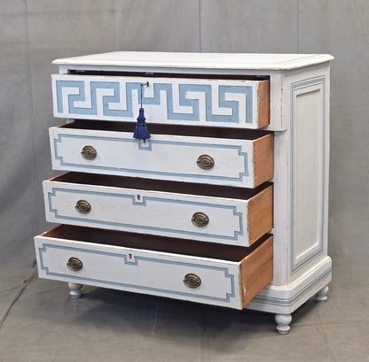 Antique 19th C. Painted Pine Dresser Chest of Drawers With Greek Key Motif