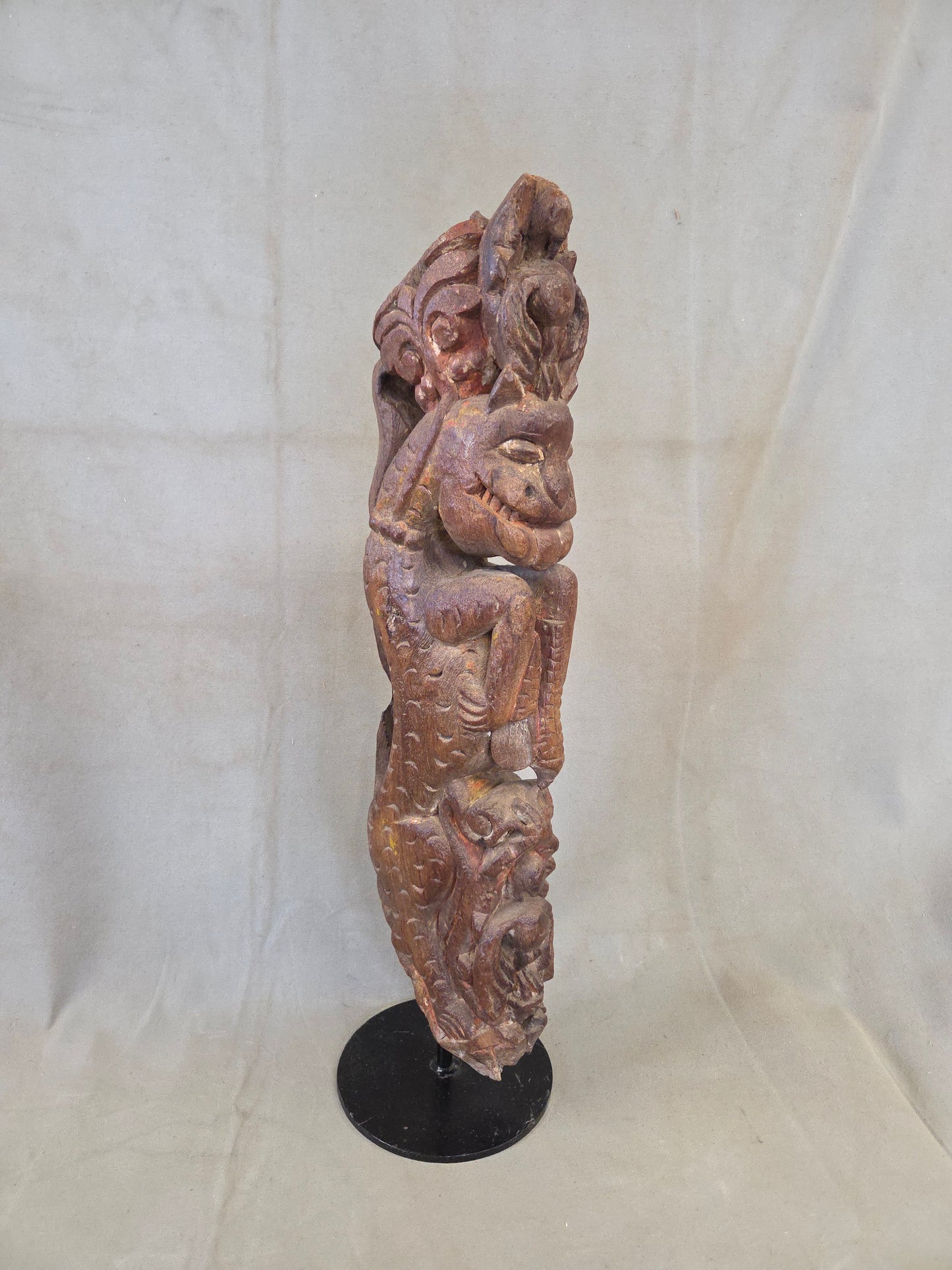 Antique Indian Hand Carved Naga Architectural Remnant on a Custom Metal Stand