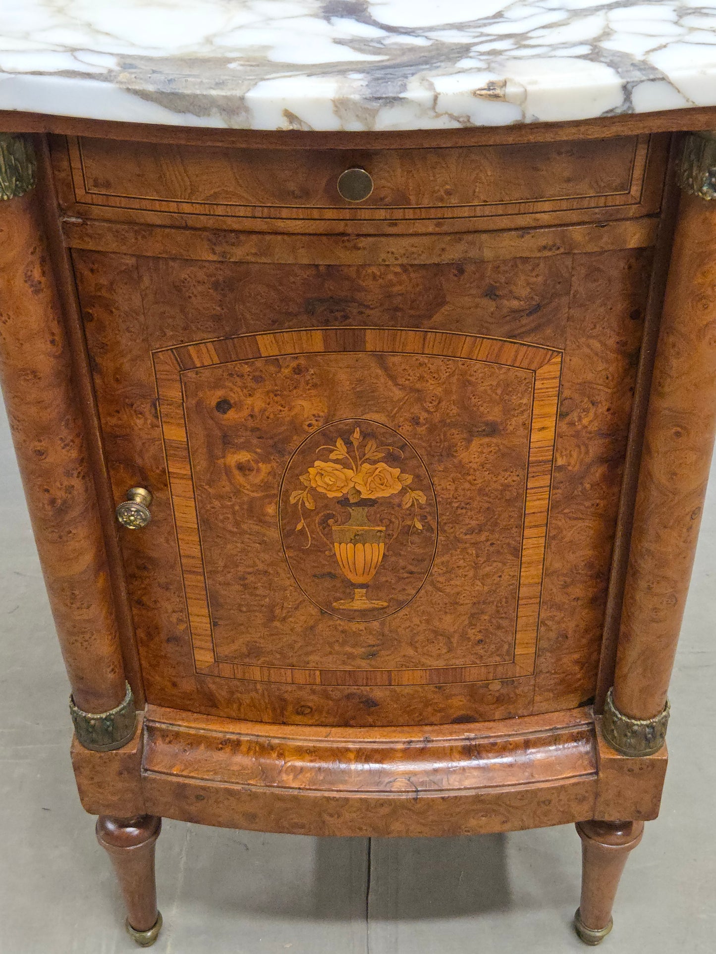 Antique French Art Nouveau Burl Marble Marquetry Nightstand With Bronze Ormolu