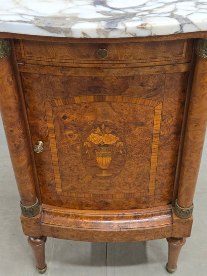 Antique French Art Nouveau Burl Marble Marquetry Nightstand With Bronze Ormolu