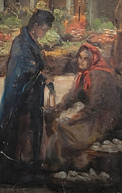 Antique Early 1900s Oil on Panel of a Venetian Market Scene by M.S. Loresen (?)
