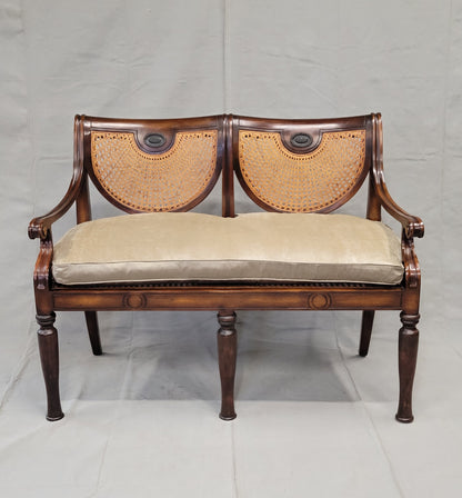 Vintage Theodore Alexander Regency Caned Mahogany Settee With Silk/Velveteen Down Cushion