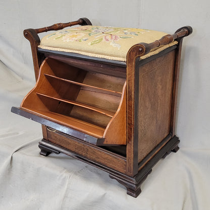 Antique English Edwardian Mahogany Inlay and Needelpoint Piano Stool