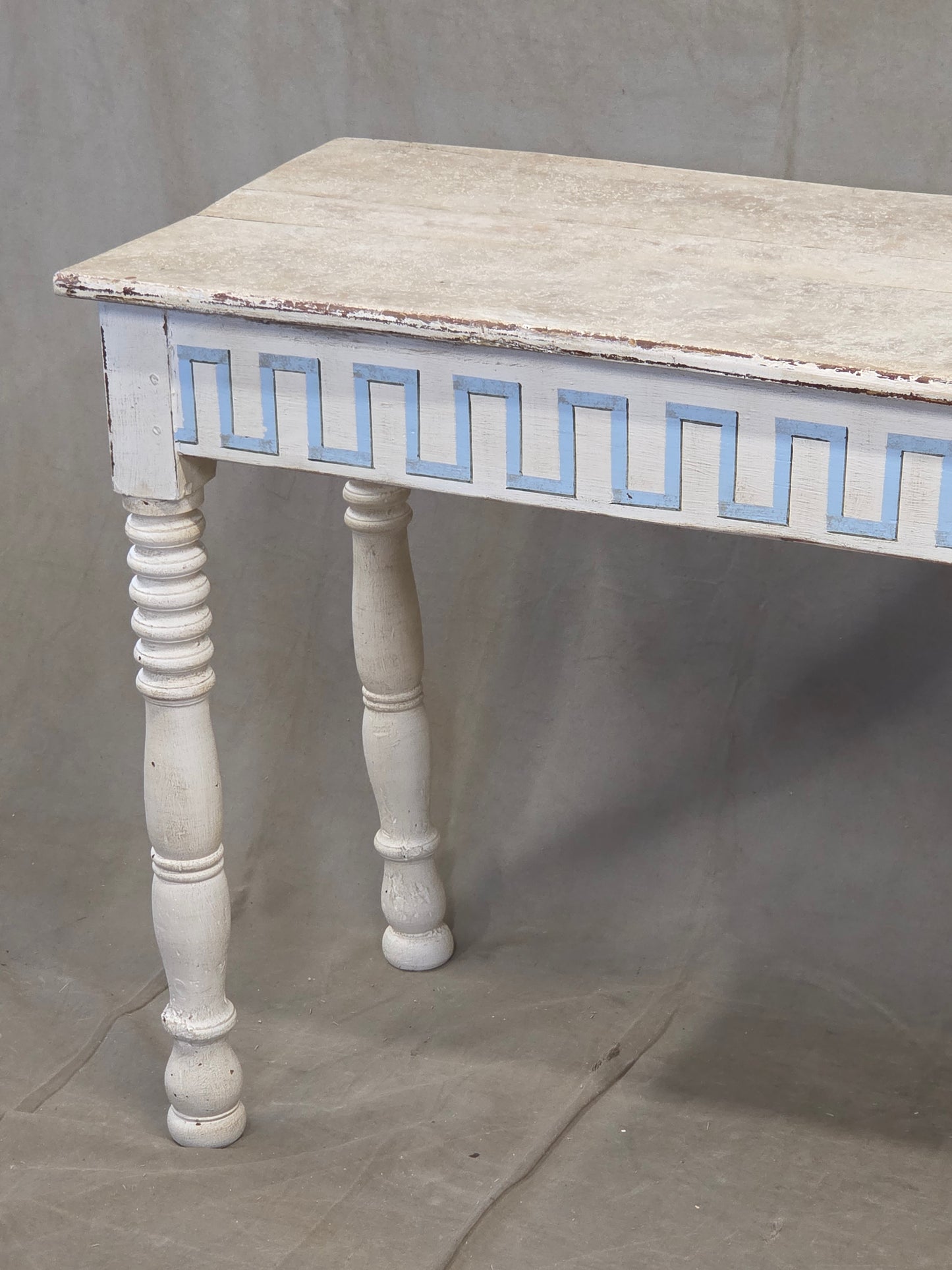 Antique French Rustic Painted Pine Console Table with Greek Key Motif
