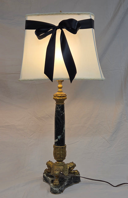 Vintage Pair French Empire Neoclassical Style Marble and Gilt Bronze Table Lamps