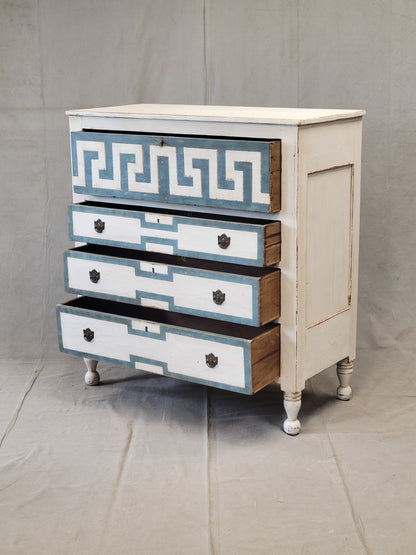 Antique English Painted Dresser Chest of Drawers With Greek Key Motif