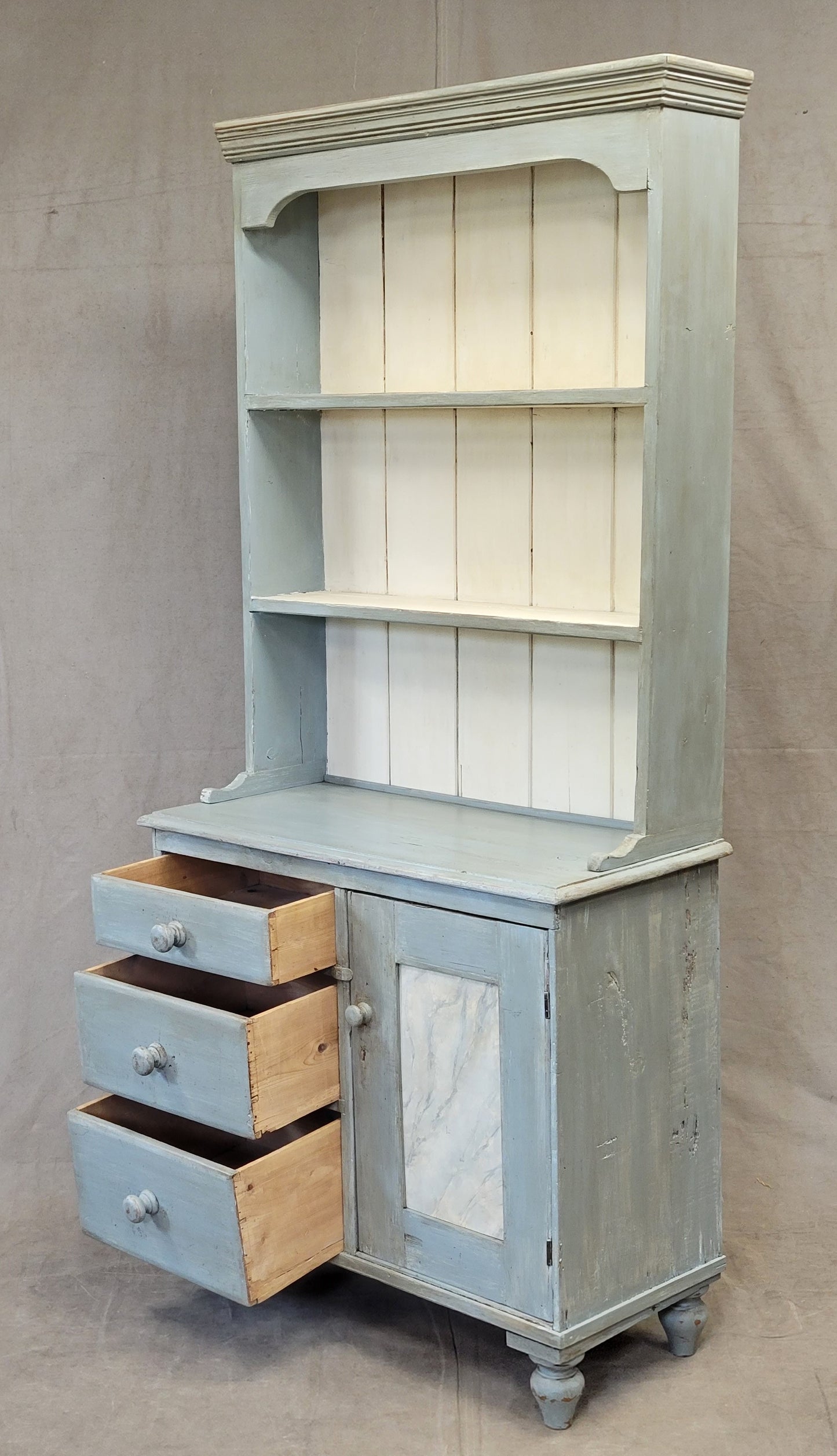 Antique Swedish Blue Faux Marble Painted Pine China Hutch