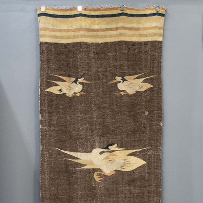 Antique Mongolian Handwoven Wool Blanket with Cranes