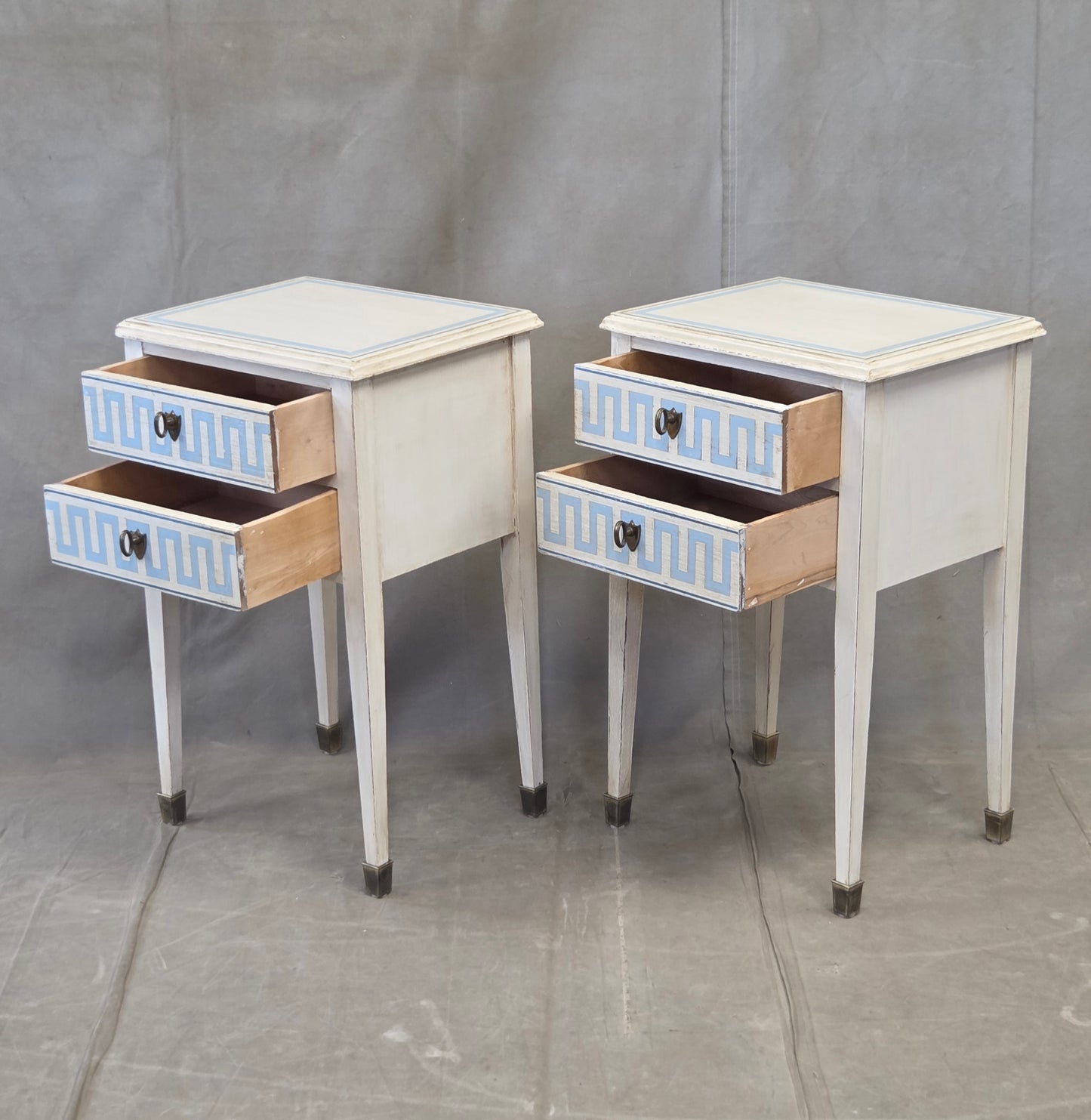 Vintage Mahogany Nightstands With Handpainted Greek Key Motif - A Pair