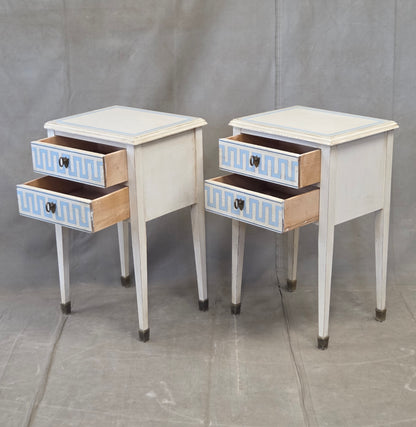 Vintage Mahogany Nightstands With Handpainted Greek Key Motif - A Pair
