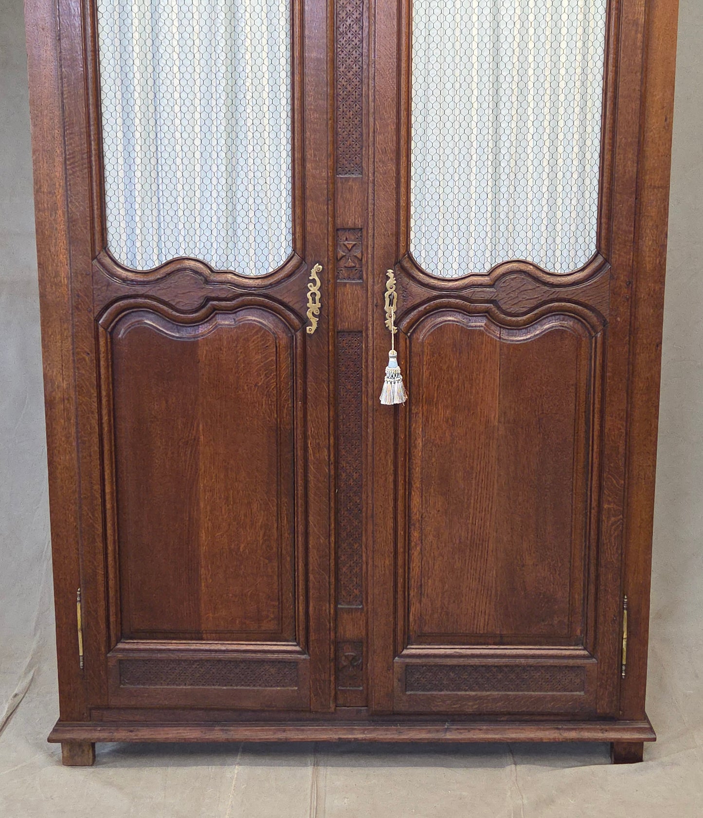 Antique French Provincial Wardrobe with Wire Grills and Interior Blue Curtains