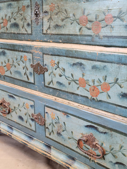 Antique 19th Century Scandinavian Blanket Chest With Drawer and Original Blue Paint