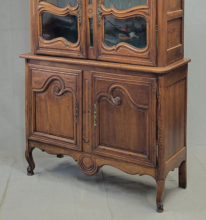 Antique French Provincial 18th c. Pine Deux Corps Pine Buffet with Glass Doors