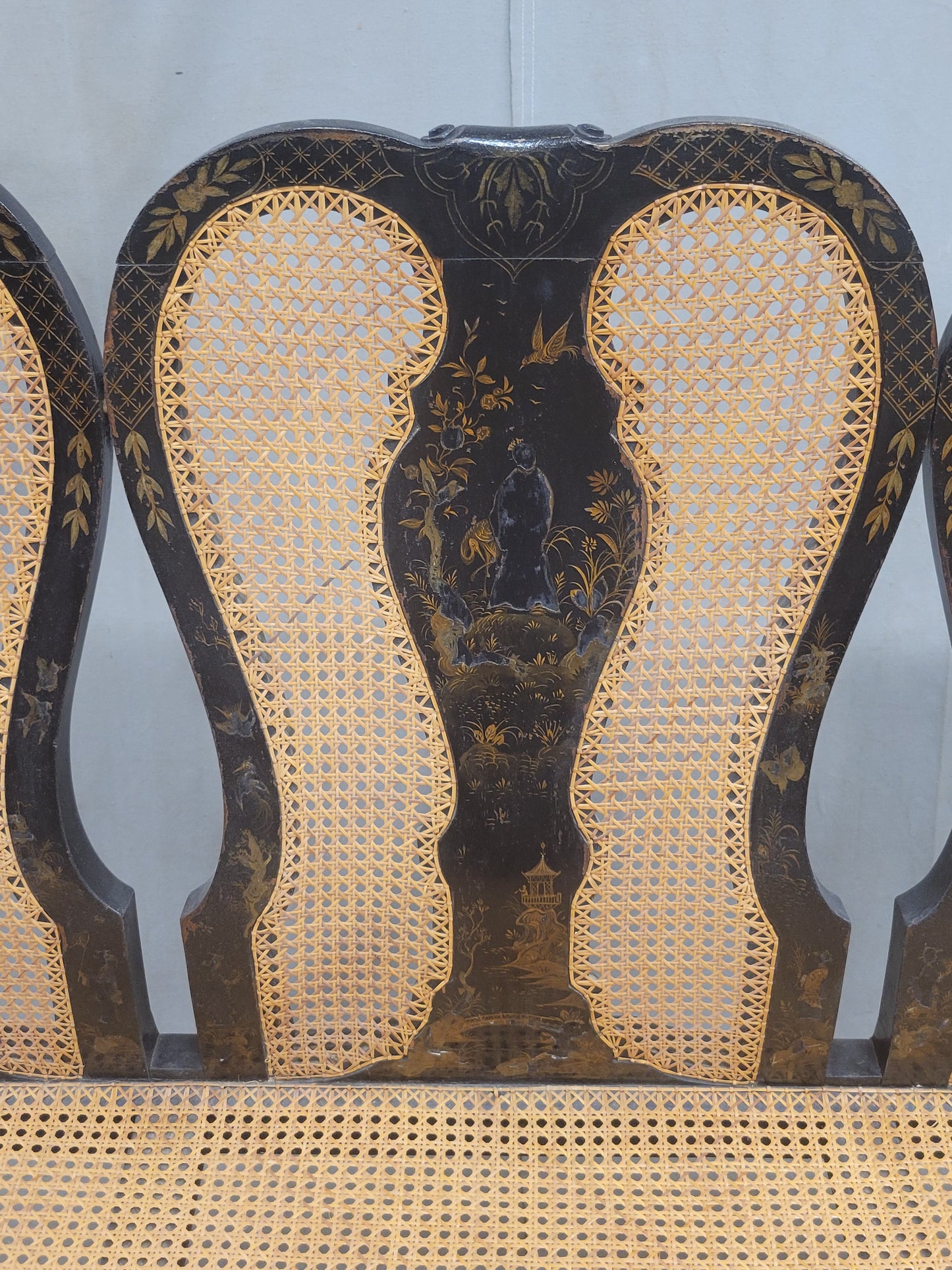 Antique 19th Century English Chinoiserie Lacquer and Cane Chair Back Settee