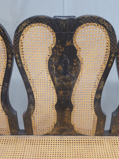 Antique 19th Century English Chinoiserie Lacquer and Cane Chair Back Settee