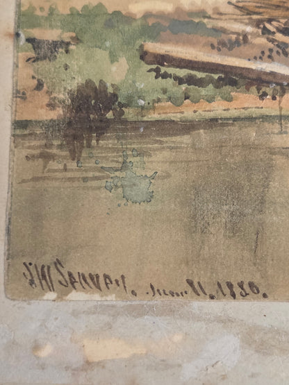Landscape Scene with House and Mill, Watercolor, J.W. Spaveil June 11 1886