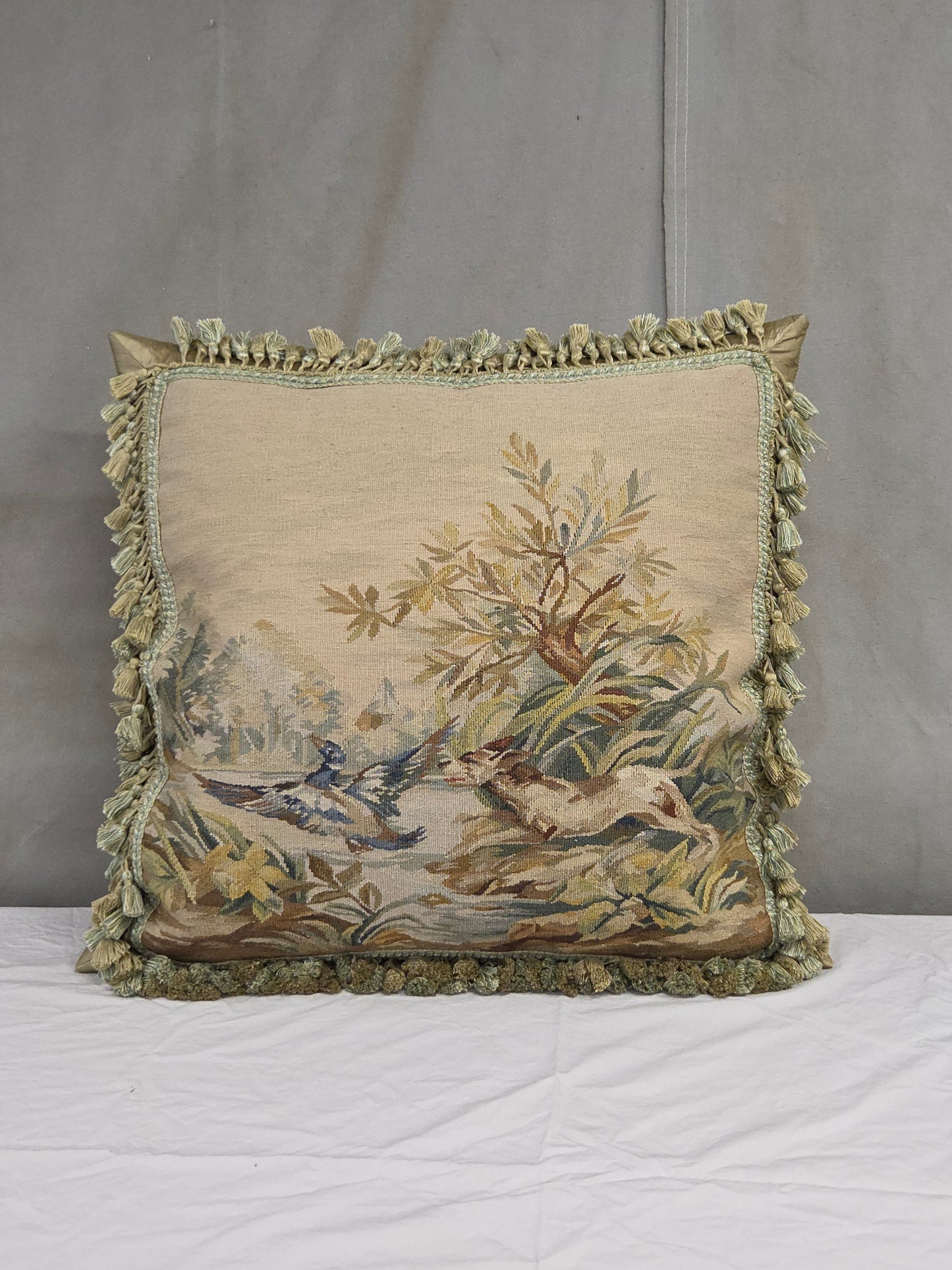 Pair of Antique French Hunt Scene Tapestry Panels Remade Into Down Pillows
