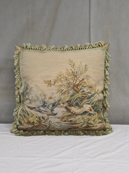 Pair of Antique French Hunt Scene Tapestry Panels Remade Into Down Pillows