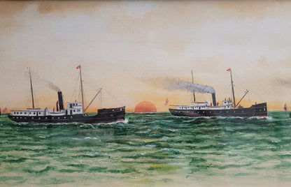 Antique Circa 1900 Gouache Maritime Painting of Steam Ship Fleet, by "Tully"