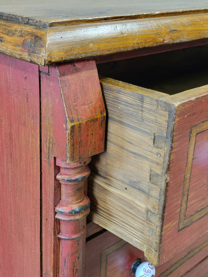 Antique European Pine Dresser With Red Distressed Paint and French Line Motif