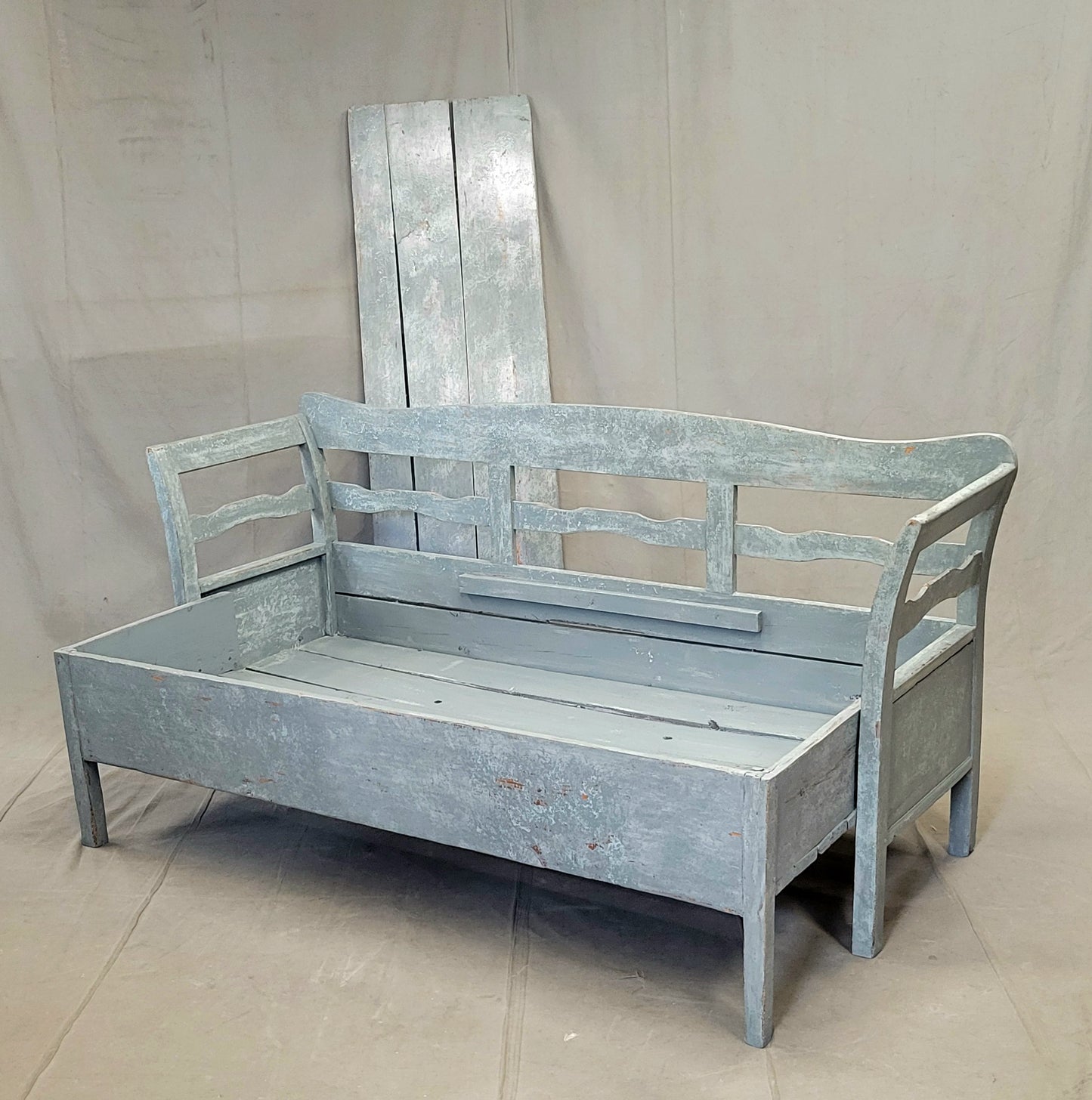 Antique 19th Century Swedish Storage Bench with Blue/Gray Paint and Linen Cushion
