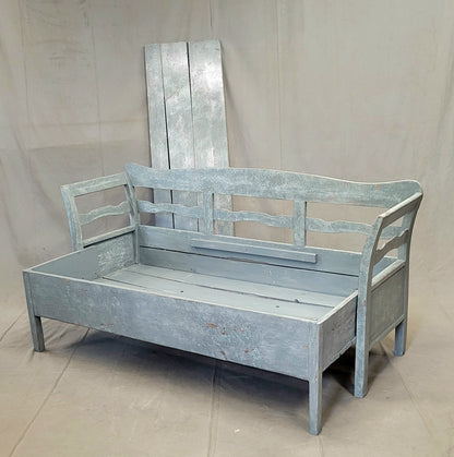 Antique 19th Century Swedish Storage Bench with Blue/Gray Paint and Linen Cushion