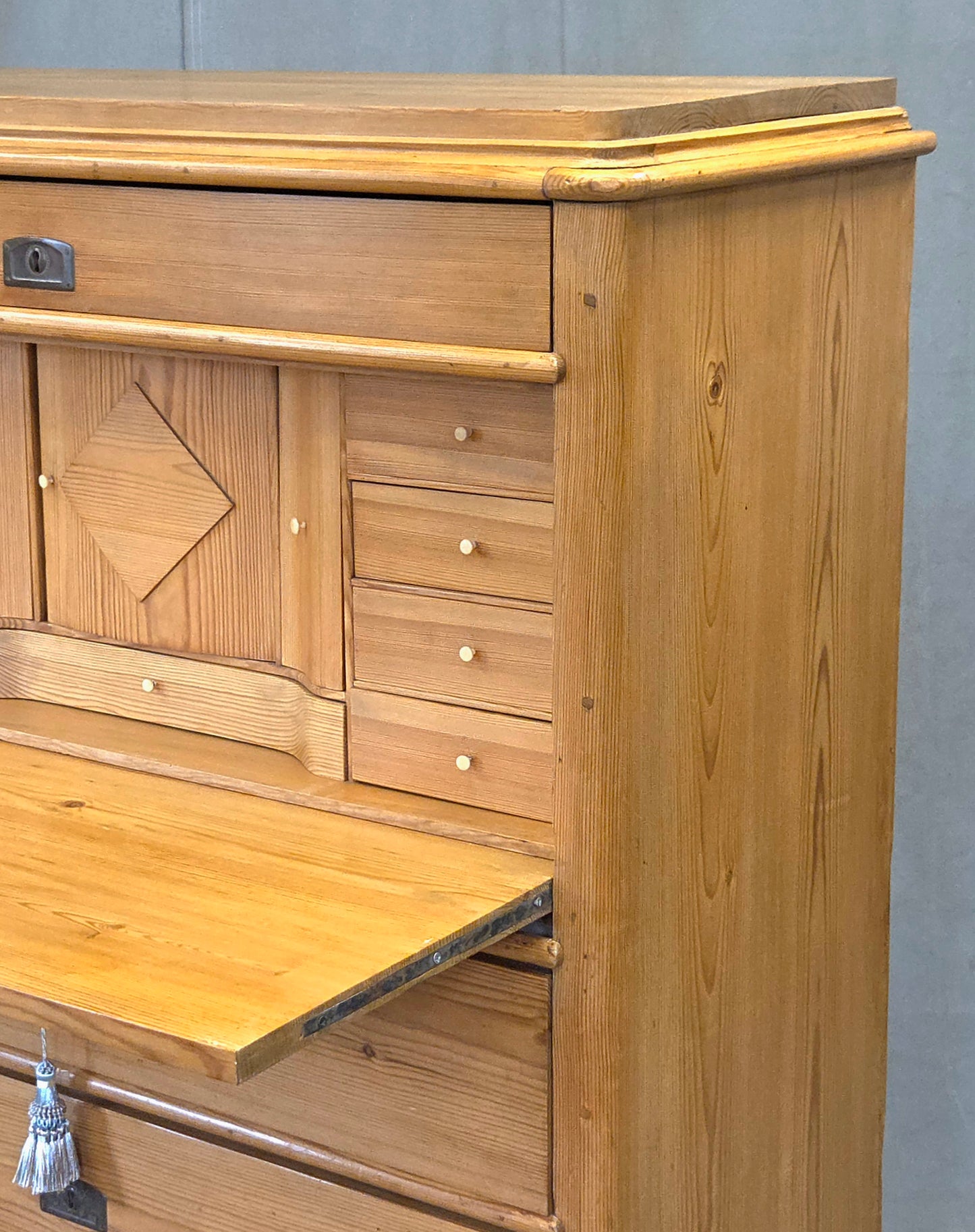 Antique Swedish Biedermeier Natural Pine Drop Front Desk with Drawers and Keys