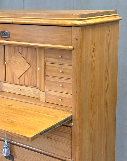 Antique Swedish Biedermeier Natural Pine Drop Front Desk with Drawers and Keys